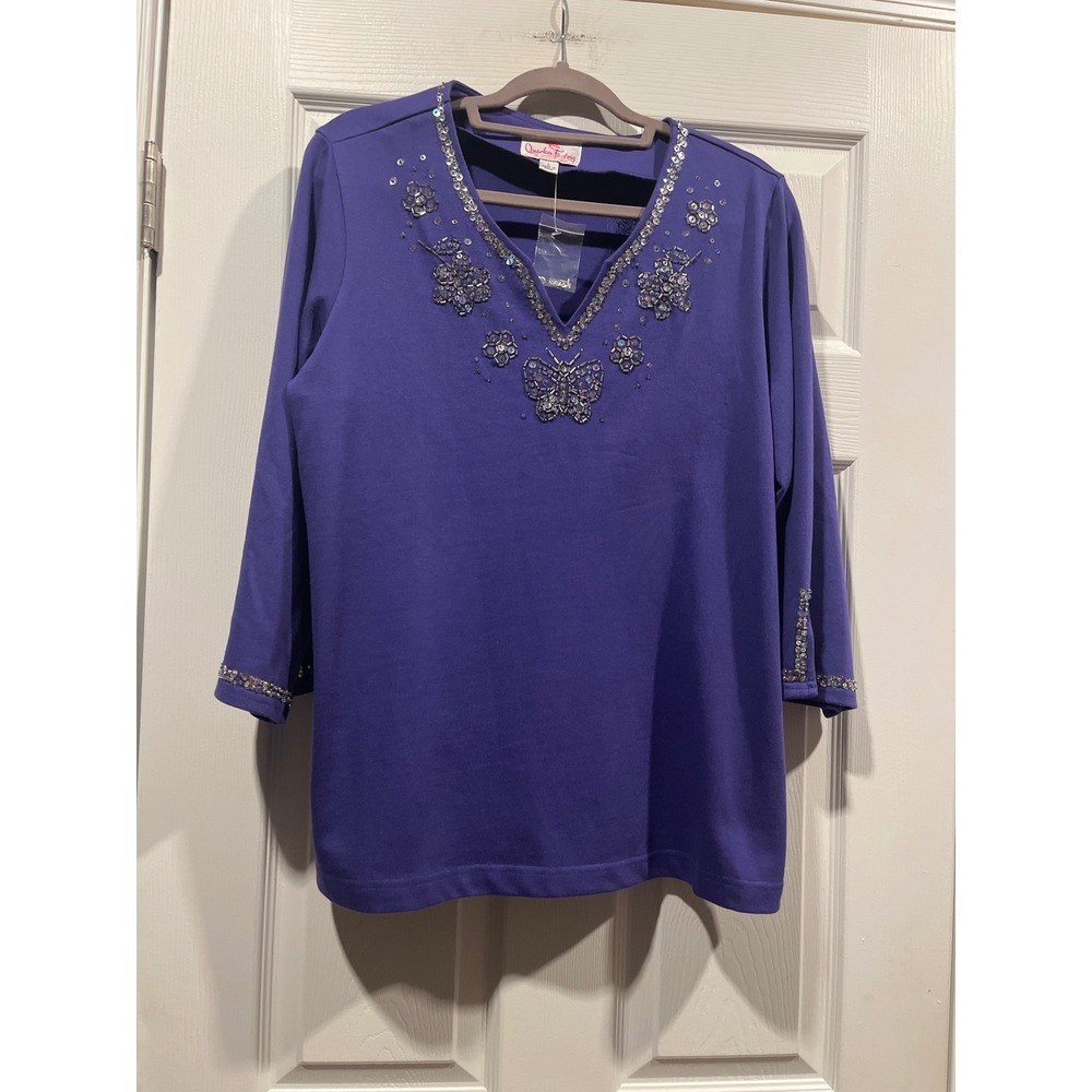 Quacker Factory Purple Sequin Butterfly 3/4 Sleeve Top Large NEW 100% Cotton.